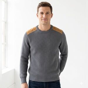 J. Crew Heritage Ribbed Cotton Sweater with Suede Shoulder Patches - Medium